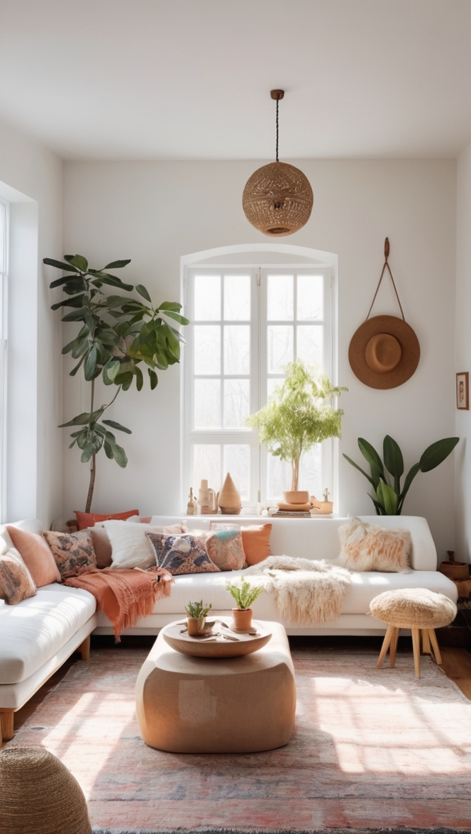 minimalist bohemian decor, minimalist boho interior design, modern bohemian living room, simple boho home decor, contemporary boho living space