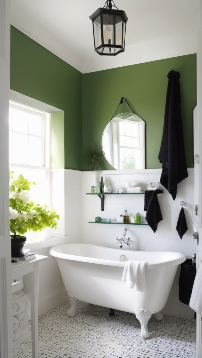 black and green tile, bathroom design, green bathroom accessories, black vanity, modern bathroom design