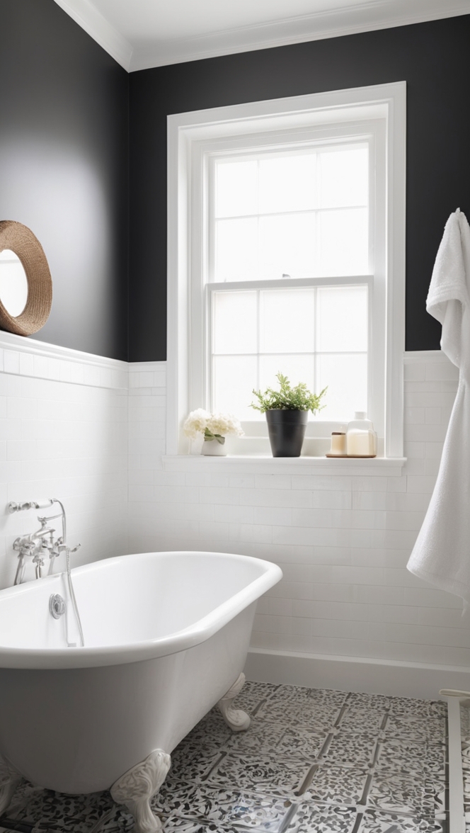 black and white floor tiles bathroom, 
black and white patterned tiles bathroom, 
black and white mosaic tiles bathroom, 
black and white hexagon tiles bathroom, 
black and white subway tiles bathroom