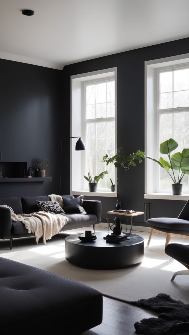black minimalist furniture, modern black living room, monochromatic decor, sleek black design, contemporary minimalism