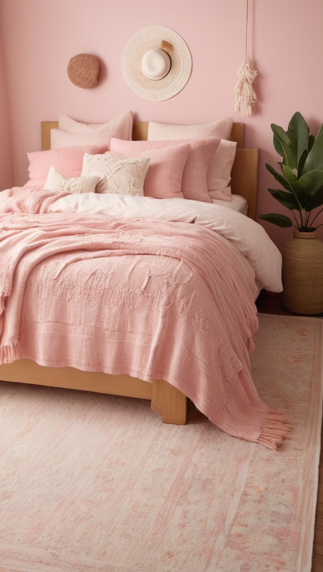 pink boho decor, boho bedroom accessories, chic pink bedding, boho throw pillows, stylish boho furniture