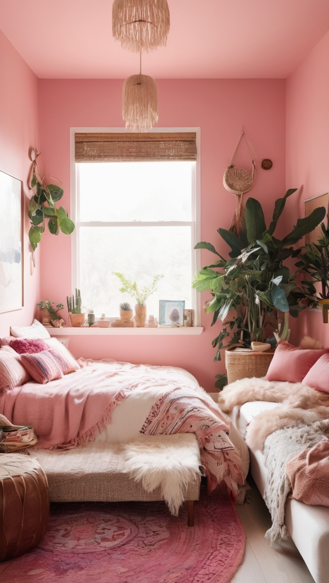 pink boho decor, boho bedroom accessories, chic pink bedding, boho throw pillows, stylish boho furniture