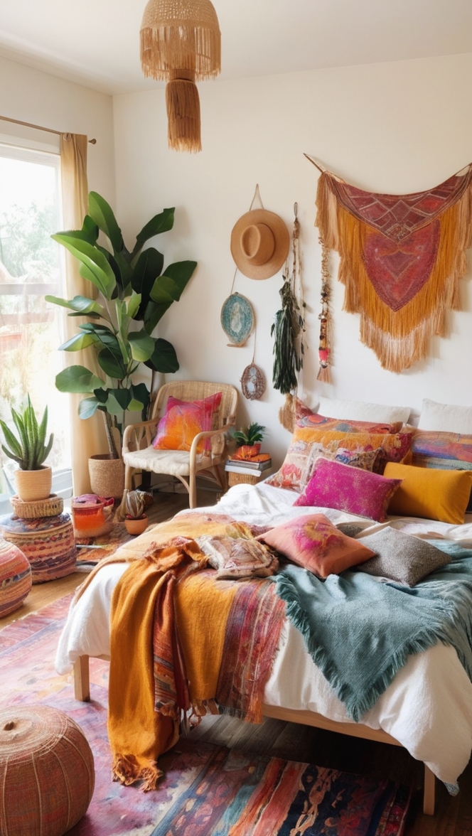 bohemian bedroom decor, boho chic bedding, vibrant boho bedspread, eclectic throw pillows, colorful tapestry rug