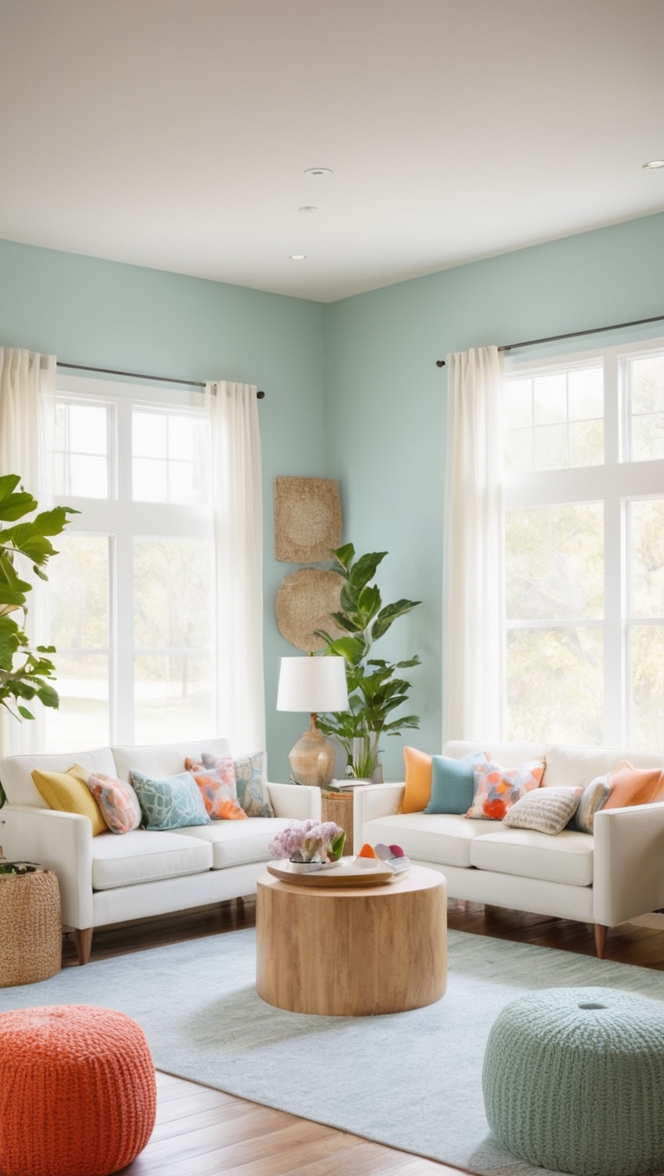 colorful living room decor, modern minimalist design, vibrant home accessories, chic interior styling, sophisticated room makeover