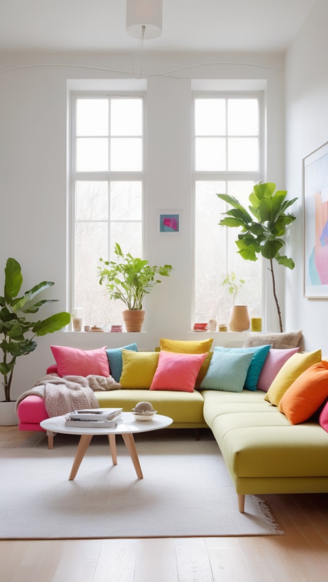 colorful living room decor, modern minimalist design, vibrant home accessories, chic interior styling, sophisticated room makeover