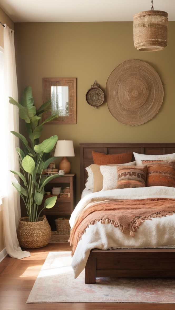 cozy bedroom decor, boho bedroom ideas, earthy bedroom design, minimalist bedroom inspiration, chic bedroom furniture