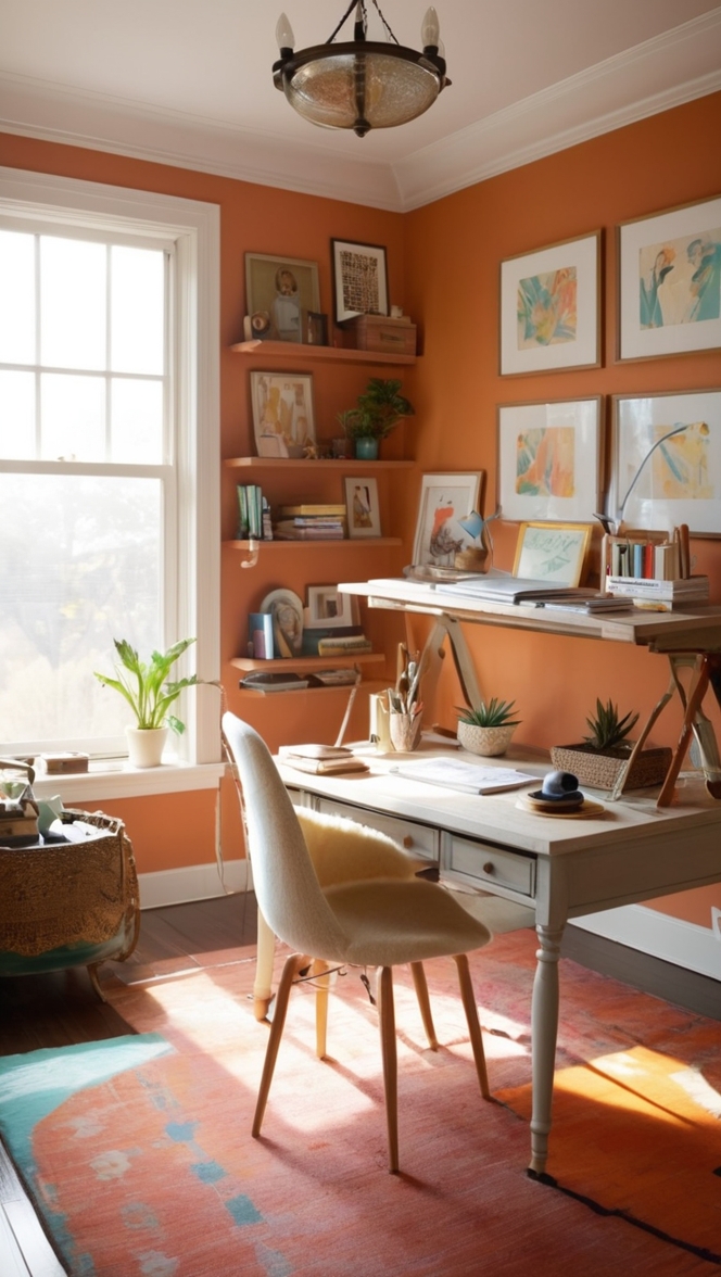 eclectic home office decor, stylish home office design, comfortable home office furniture, modern home office setup, chic home office accessories