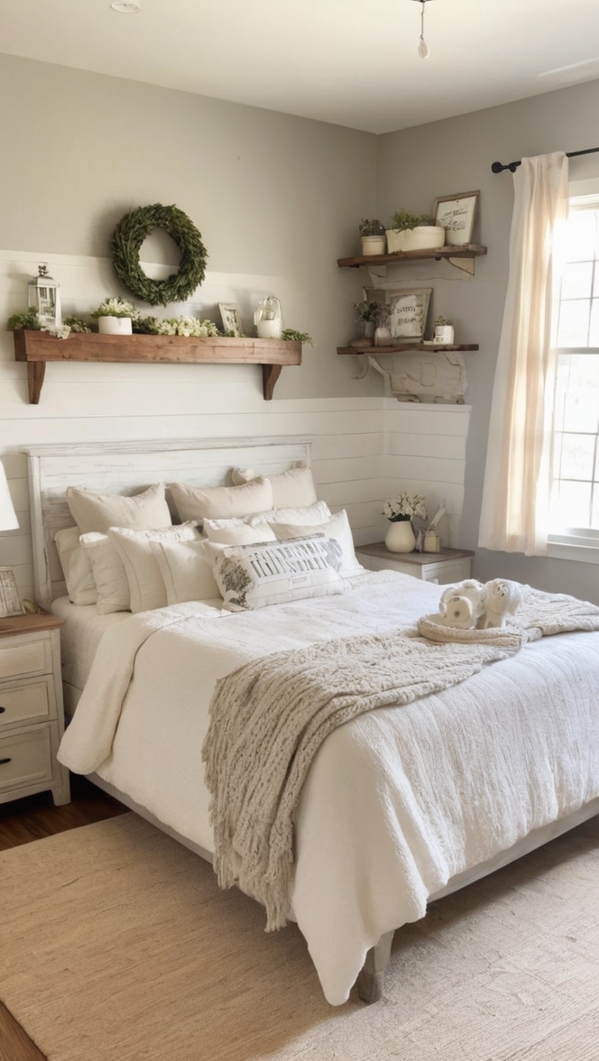 farmhouse bedroom decor, rustic bedroom design, country bedroom ideas, vintage farmhouse style, comfortable bedroom furniture