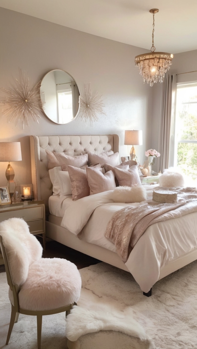 cozy bedroom decor, rustic glam bedroom, luxurious bedroom design, elegant bedroom furniture, modern glamorous bedroom