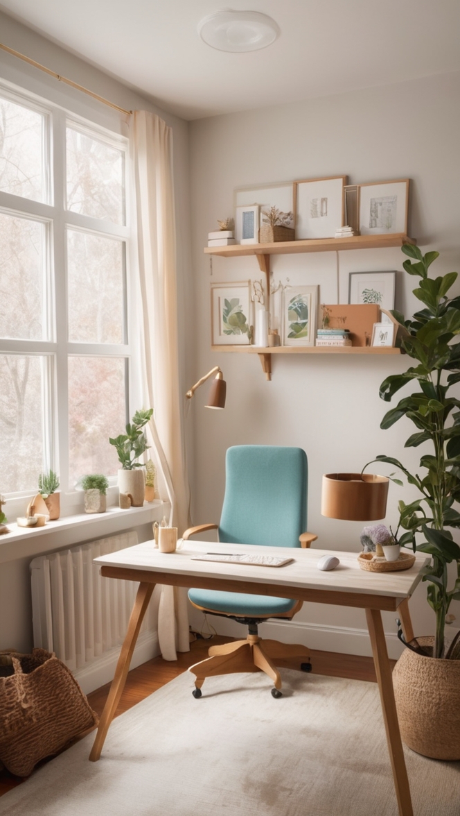 cozy home office decor, stylish office setup, modern desk accessories, comfortable workspace design, chic home office essentials