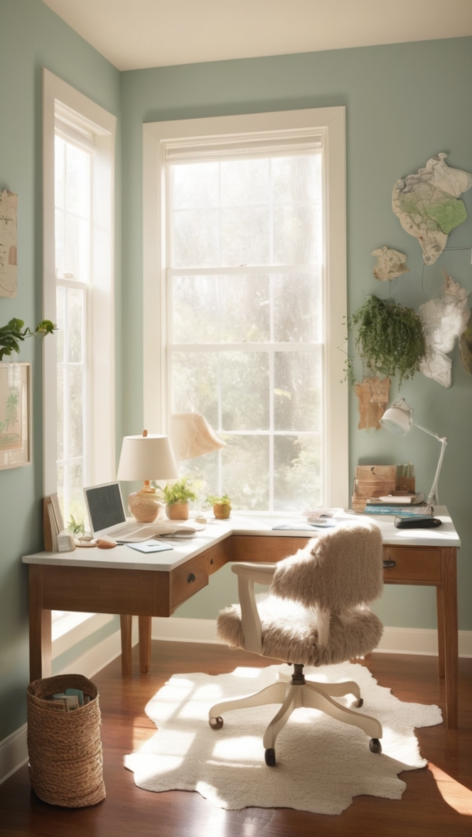 cozy office decor, home office setup, stylish office furniture, work-friendly space, elegant office design