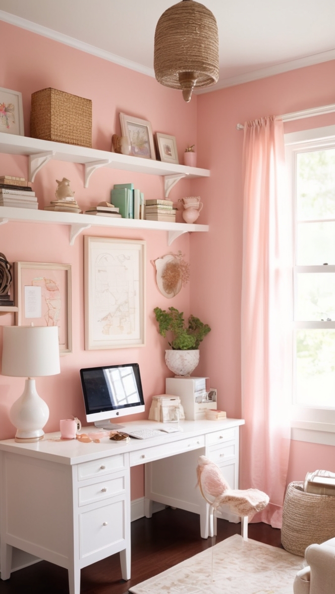cozy home office decor, home office pink design, vintage home office, pink home office furniture, stylish home office