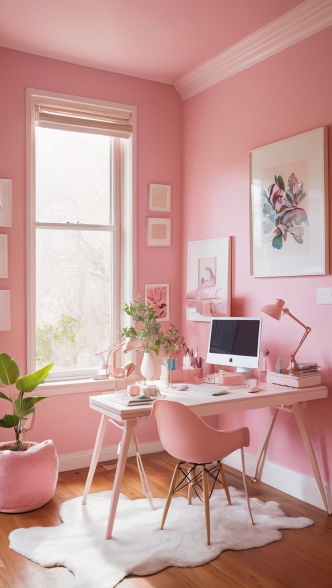 cozy home office decor, home office pink design, vintage home office, pink home office furniture, stylish home office