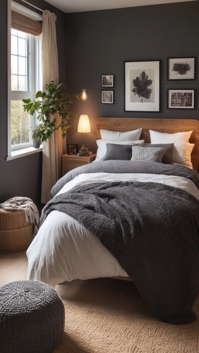 bedroom design ideas, cozy bedroom decor, dark bedroom inspiration, elegant bedroom styling, modern bedroom ideas