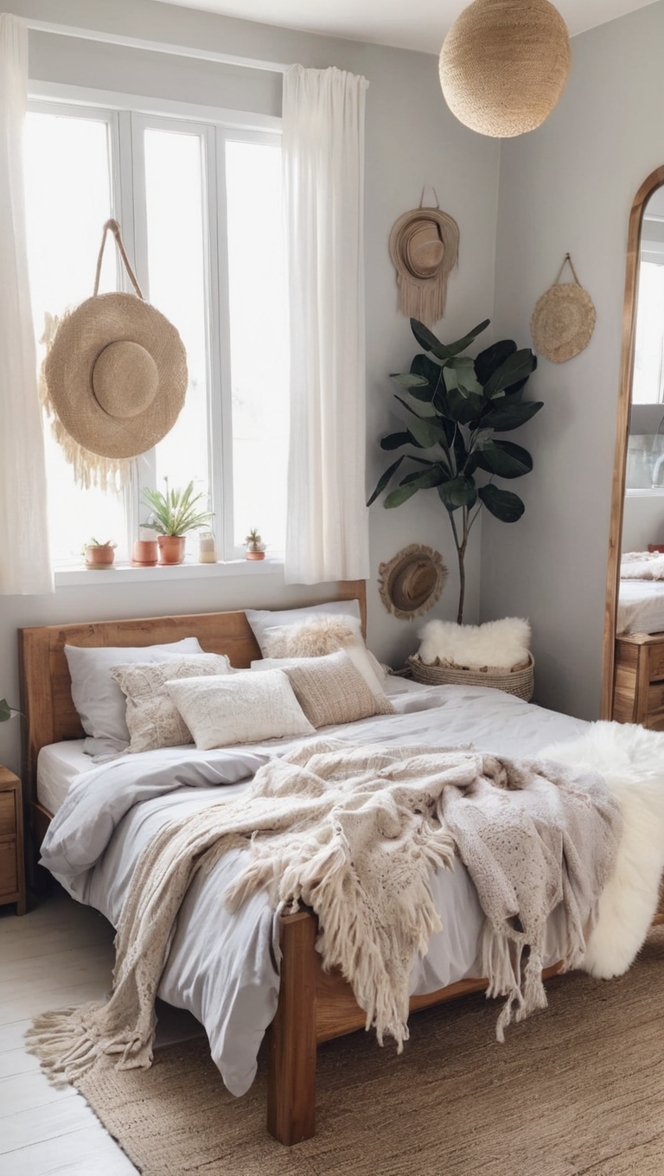 grey boho bedroom decor, bohemian style bedding, boho chic home accents, modern farmhouse bedroom decor, rustic boho wall art