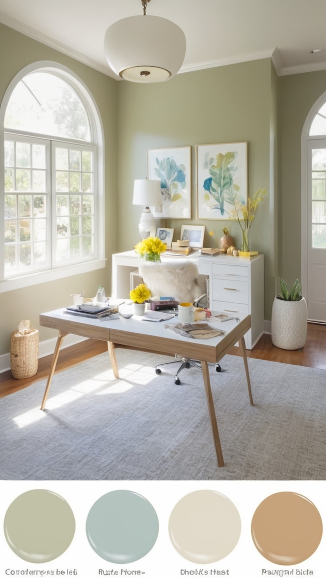 comfortable home office decor, warm home office design, inviting office space, cozy workspace ideas, relaxing work environment