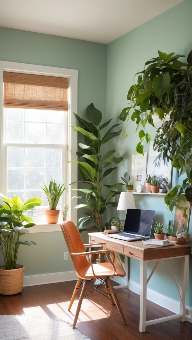 Home office design, Indoor plants, Work from home, Cozy workspace, Office decor