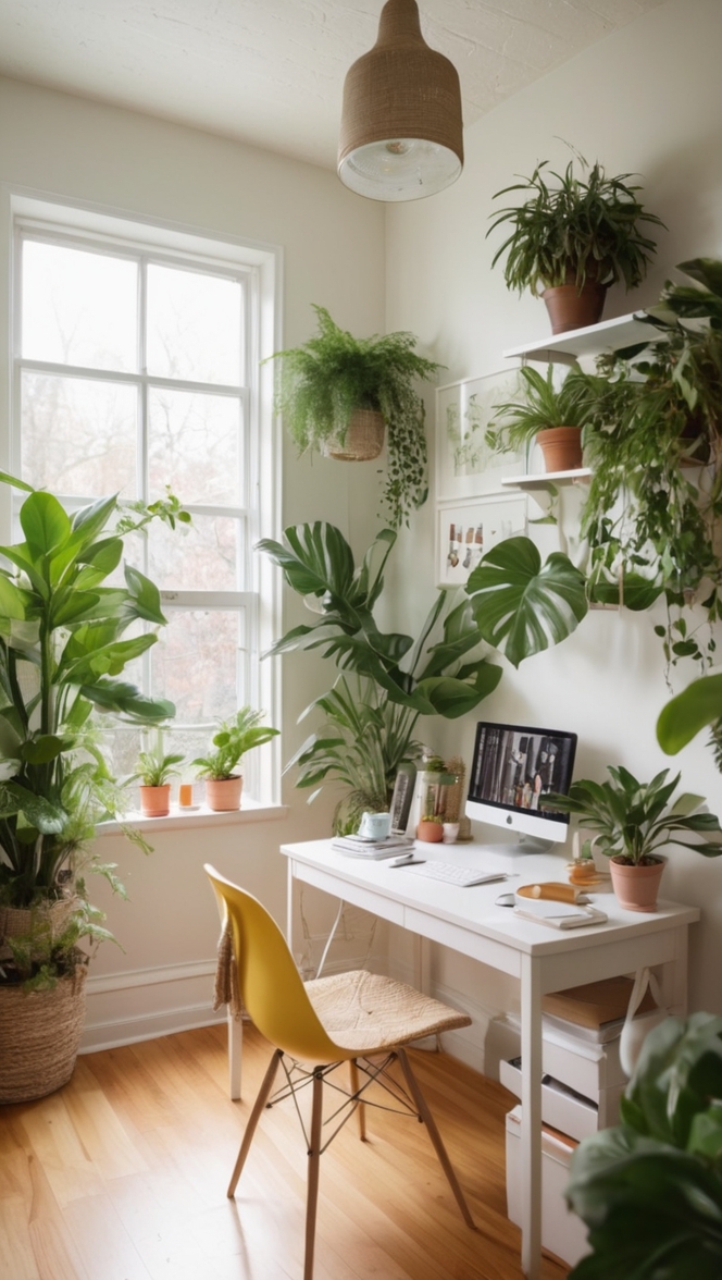 Home office design, Indoor plants, Work from home, Cozy workspace, Office decor