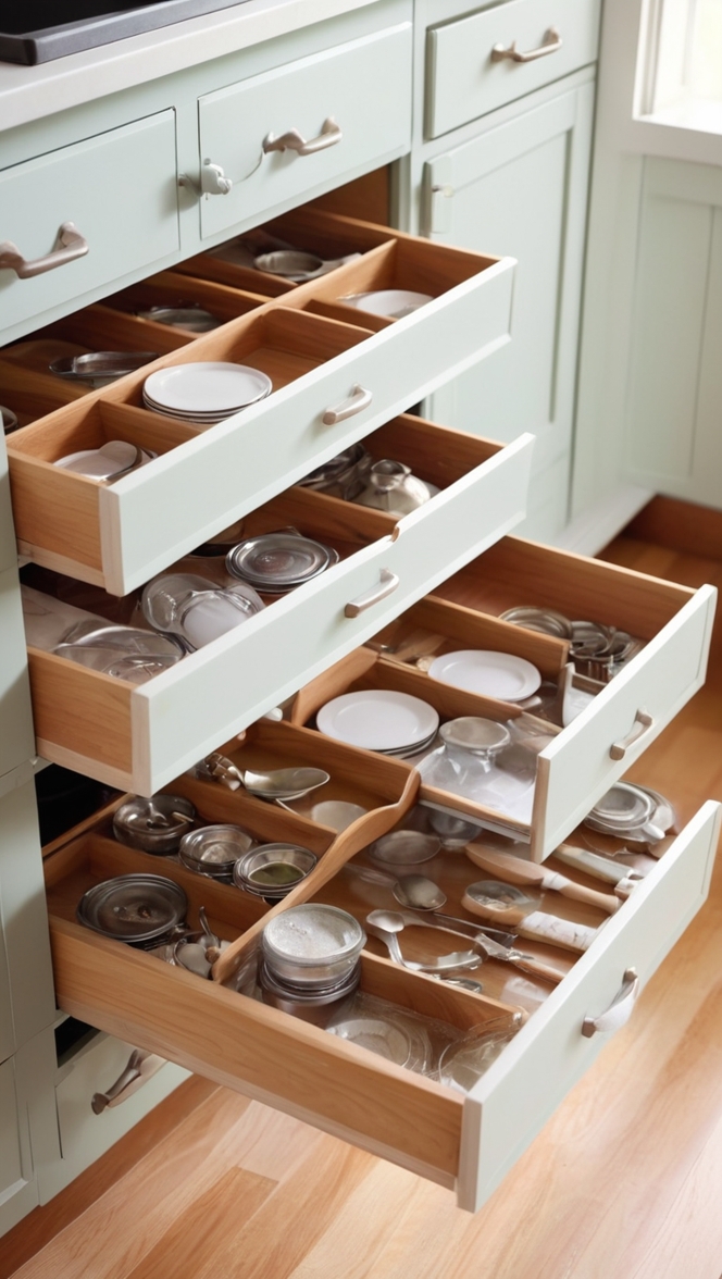 kitchen organization, pantry organization, cabinet organization, kitchen storage, drawer dividers