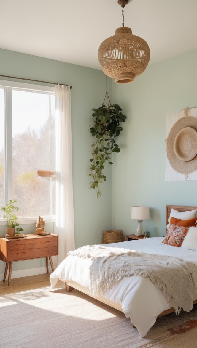 minimalist bedroom decor, bohemian bedding, boho chic furniture, modern boho room, earthy bedroom design