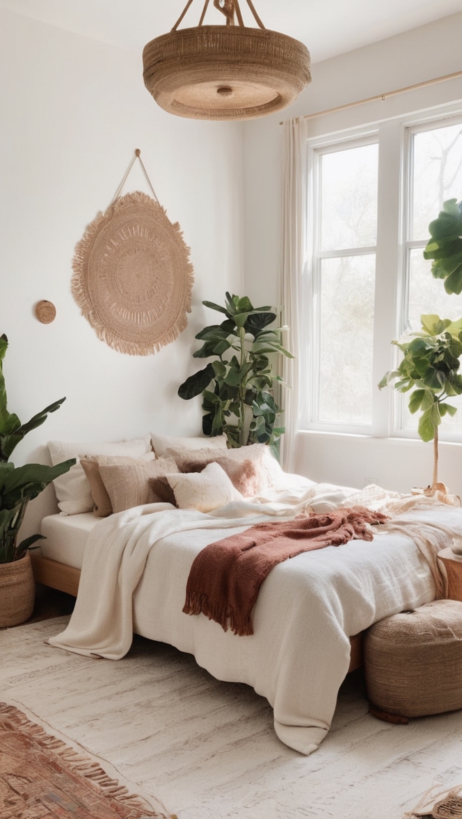 minimalist bedroom decor, bohemian bedding, boho chic furniture, modern boho room, earthy bedroom design
