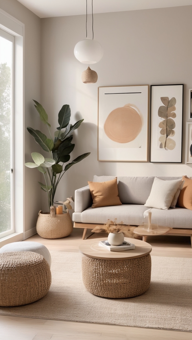 minimalist living room design, japandi decor, Scandinavian interior, modern minimalism, cozy minimalist design