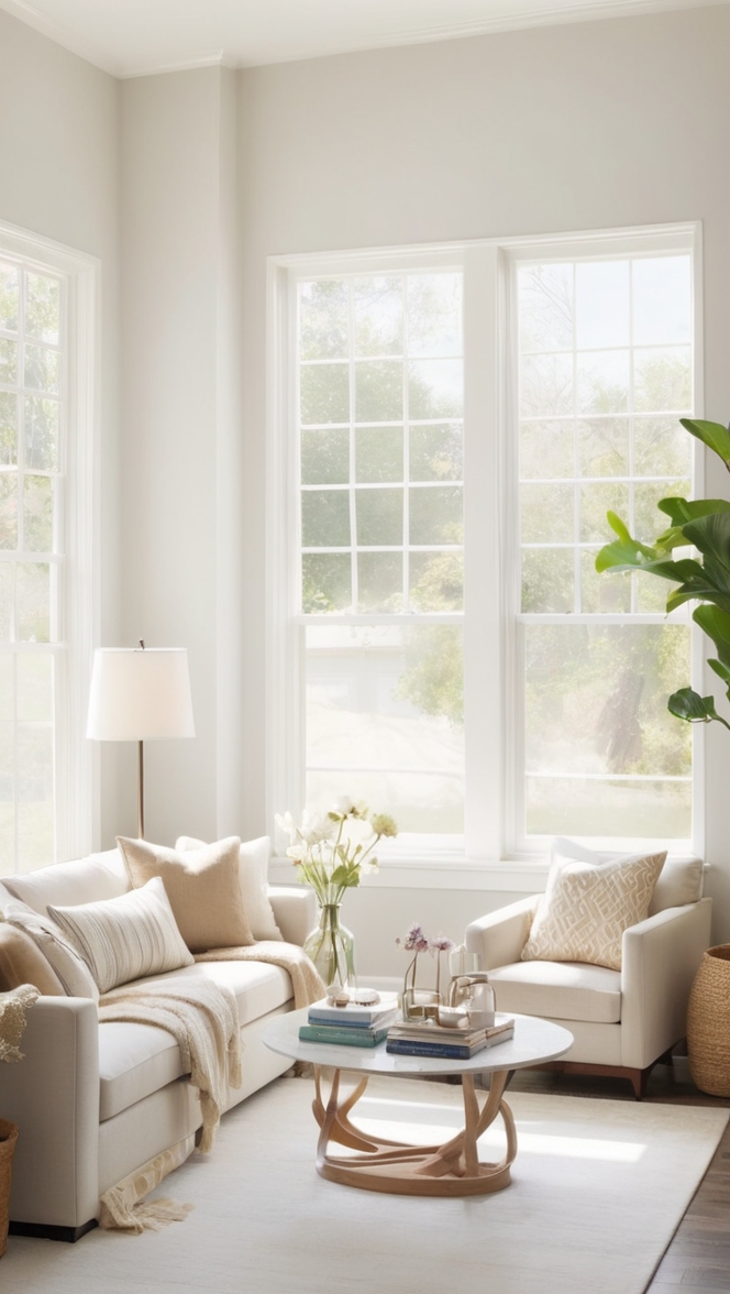 minimalist living room design, modern white interior, Scandinavian home decor, sleek minimalistic furniture, clean contemporary space