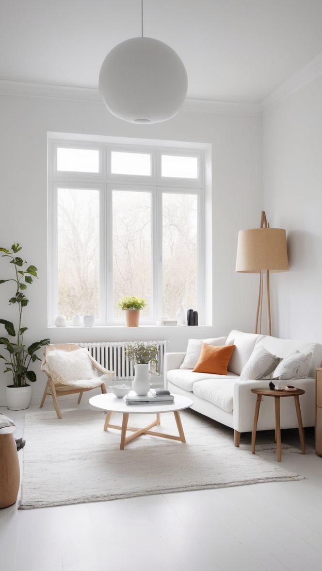 minimalist living room design, modern white interior, Scandinavian home decor, sleek minimalistic furniture, clean contemporary space