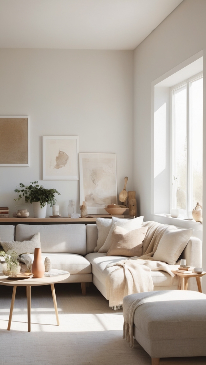 neutral living room decor, minimalist interior design, contemporary home decor, modern living room design, Scandi-inspired home decor