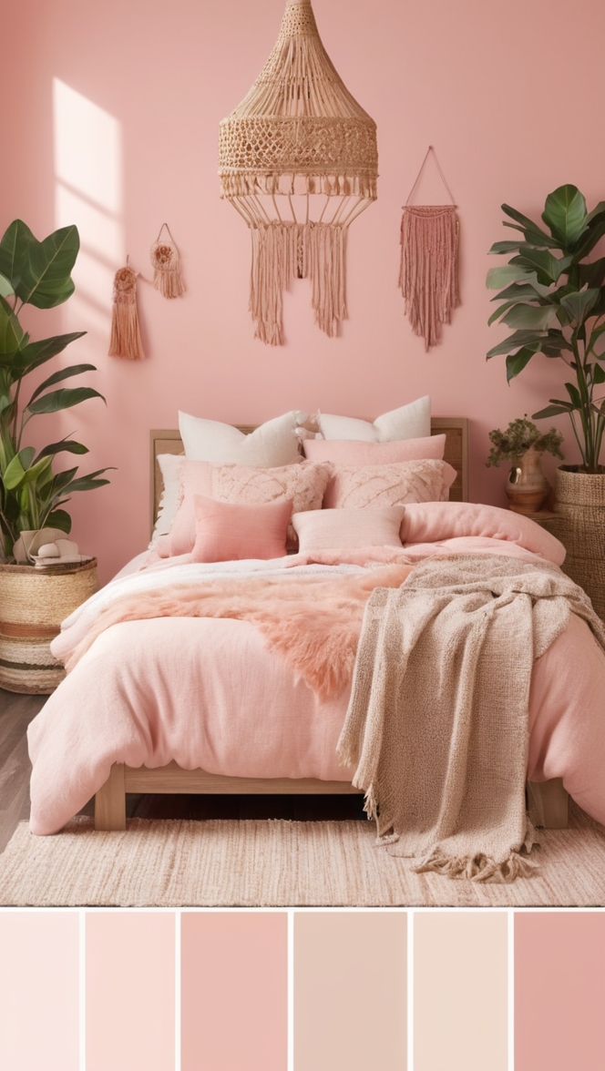 pink boho decor, boho chic room, bohemian bedroom ideas, pink boho bedding, feminine boho style
