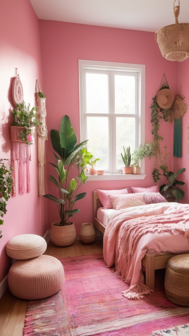pink boho decor, boho chic room, bohemian bedroom ideas, pink boho bedding, feminine boho style