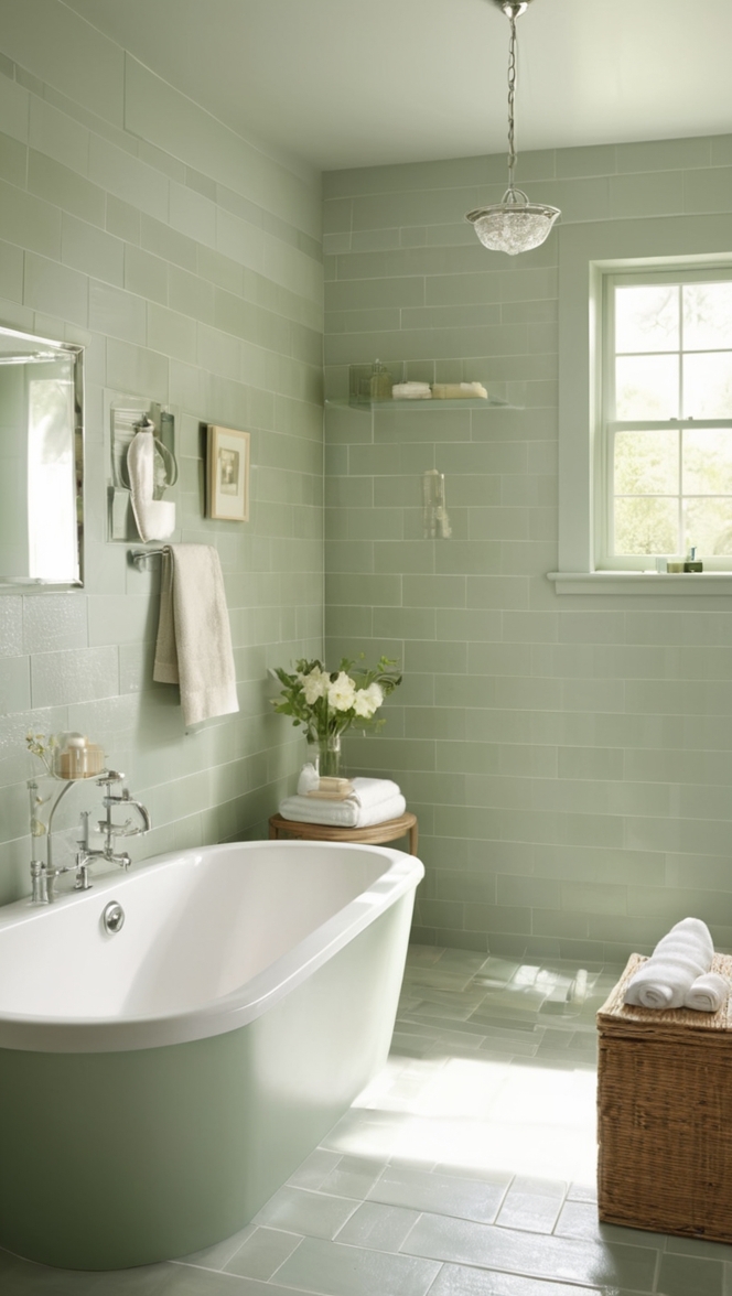 sage green tile, green bathroom tile, bathroom tile ideas, sage green ceramic tile, green subway tile