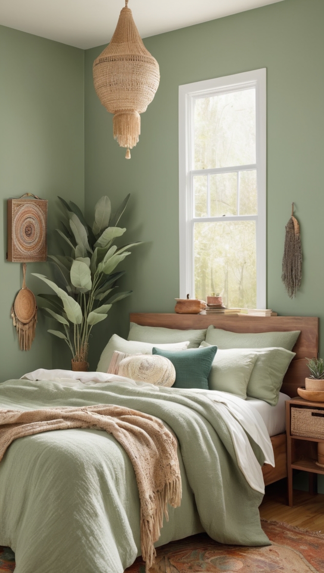 sage green comforter, boho bedroom decor, sage green pillows, bohemian bedding, sage green curtains