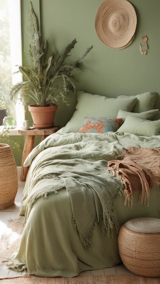 sage green comforter, boho bedroom decor, sage green pillows, bohemian bedding, sage green curtains