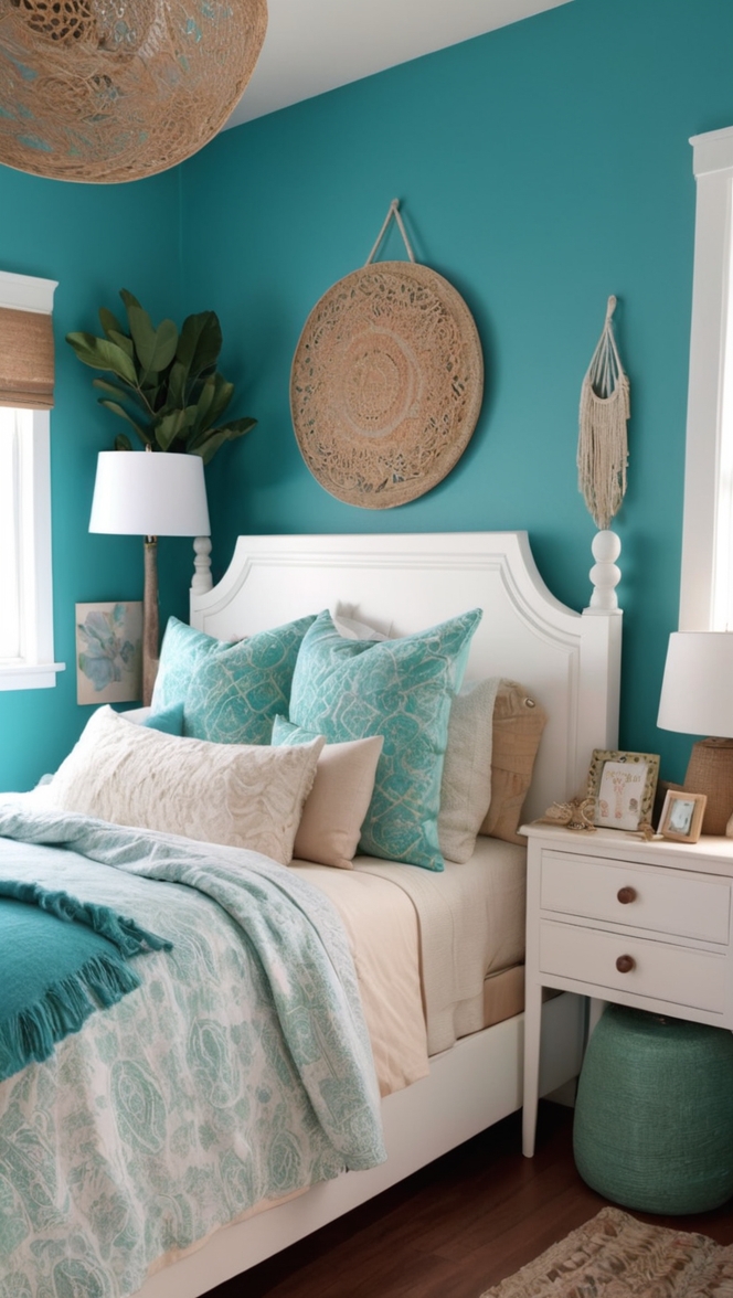 teal bedroom decor, bohemian bedding, boho home accessories, teal wall art, bohemian furniture
