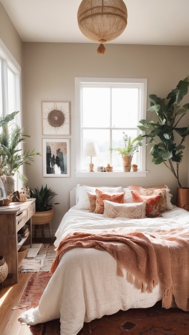 warm boho décor, bohemian bedroom ideas, cozy boho style, modern boho designs, chic eclectic furnishings