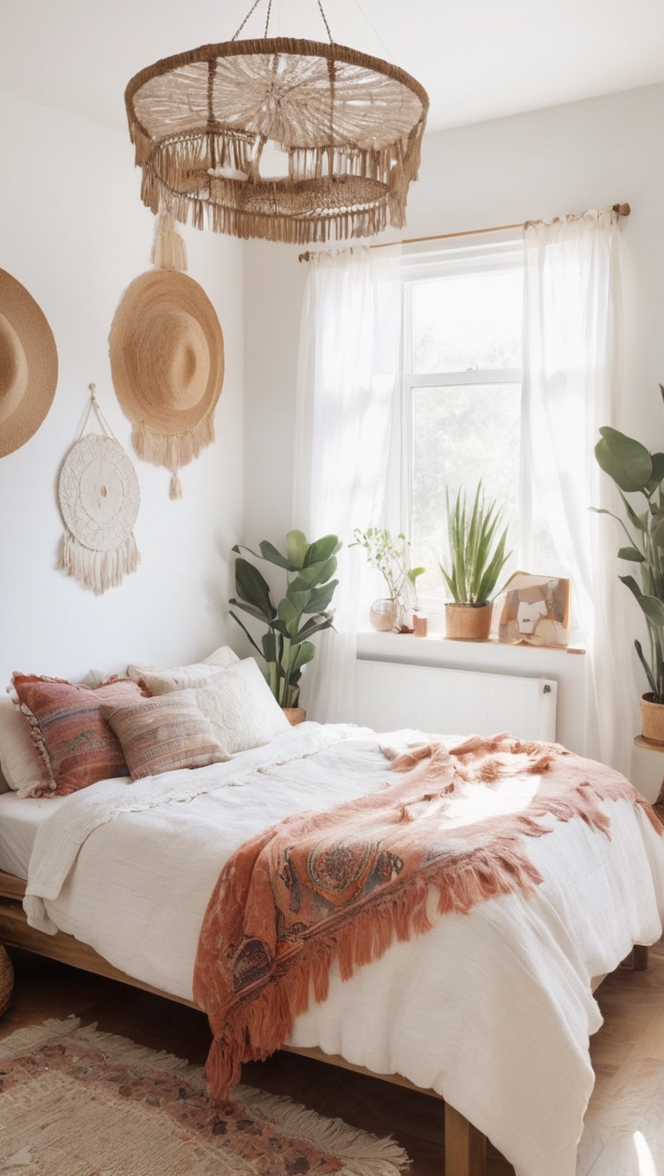 white boho bedroom decor, bohemian bedding, boho chic furniture, boho bedroom accessories, bohemian inspired home decor