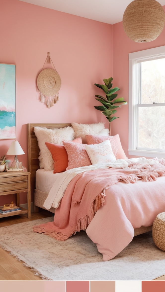 boho chic decor, pink boho bedding, feminine bedroom decor, bohemian pink comforter, romantic boho bedding