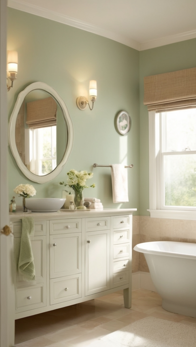 beige bathroom tiles, green bathroom decor, bathroom design ideas, neutral bathroom colors, modern bathroom renovation