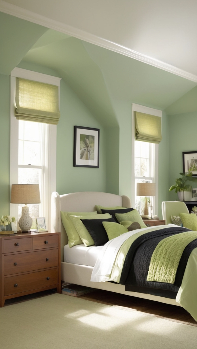 green and black decor, black and green bedding, dark green bedroom ideas, black and green curtains, emerald green bedroom walls