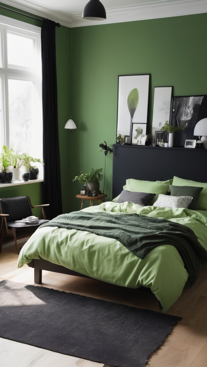green and black decor, black and green bedding, dark green bedroom ideas, black and green curtains, emerald green bedroom walls