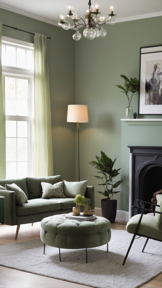 black living room decor, green sofa, home decorating, interior design, luxury furniture