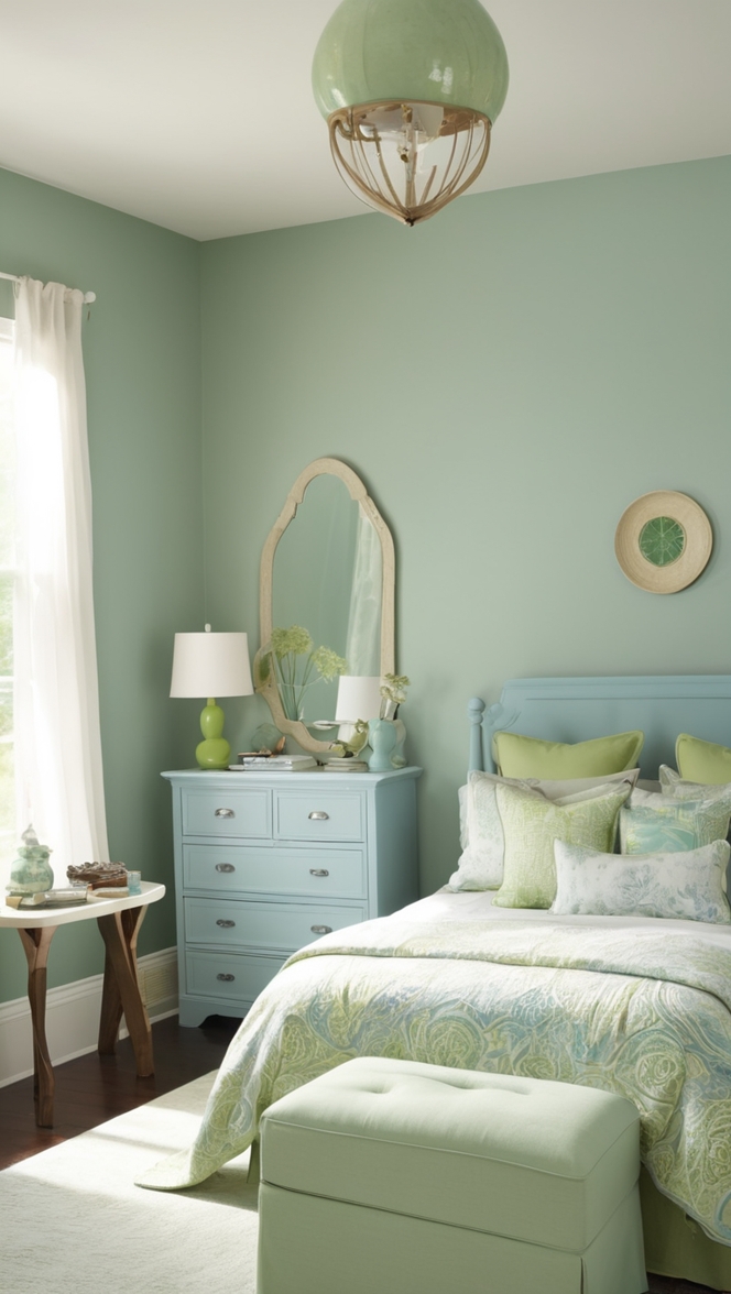 blue bedroom decor, green bedroom design, blue and green decor, bedroom color scheme, calming bedroom colors