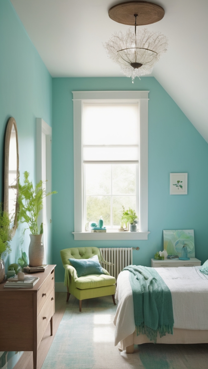 blue bedroom decor, green bedroom design, blue and green decor, bedroom color scheme, calming bedroom colors