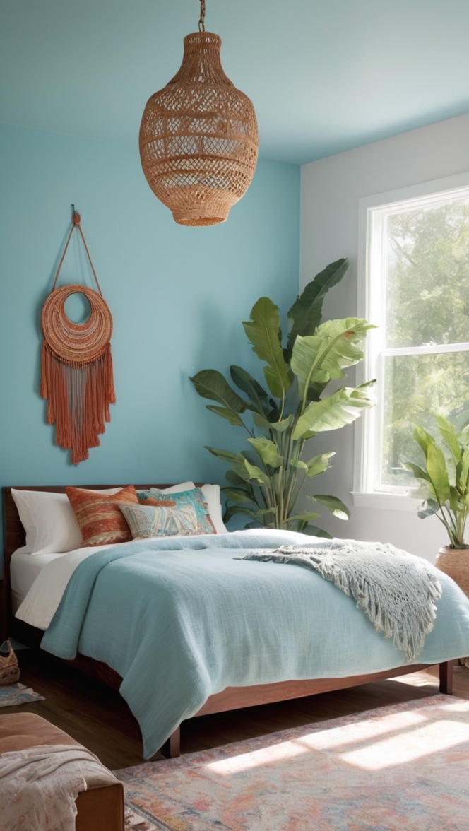 boho chic decor, blue bedroom ideas, boho style bedding, vintage bohemian room, eclectic bedroom design