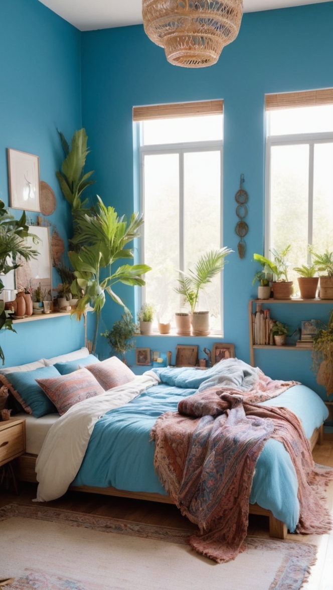 boho chic decor, blue bedroom ideas, boho style bedding, vintage bohemian room, eclectic bedroom design