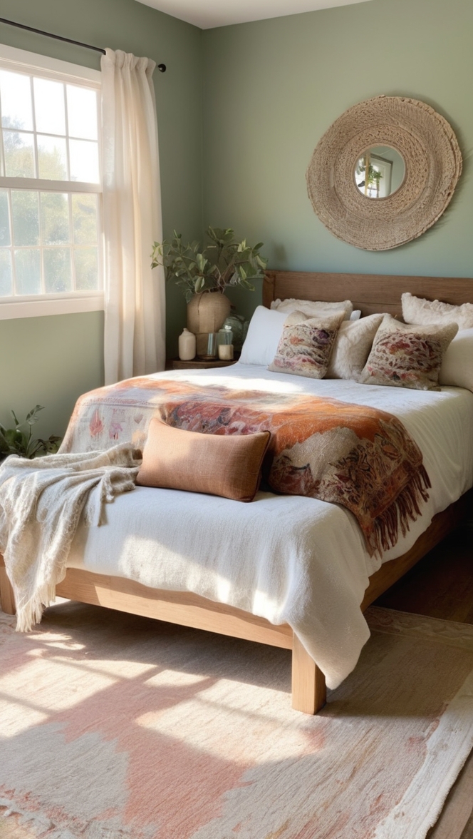 boho chic decor, boho style bedding, country cottage bedroom, rustic bohemian bedroom, shabby chic furniture