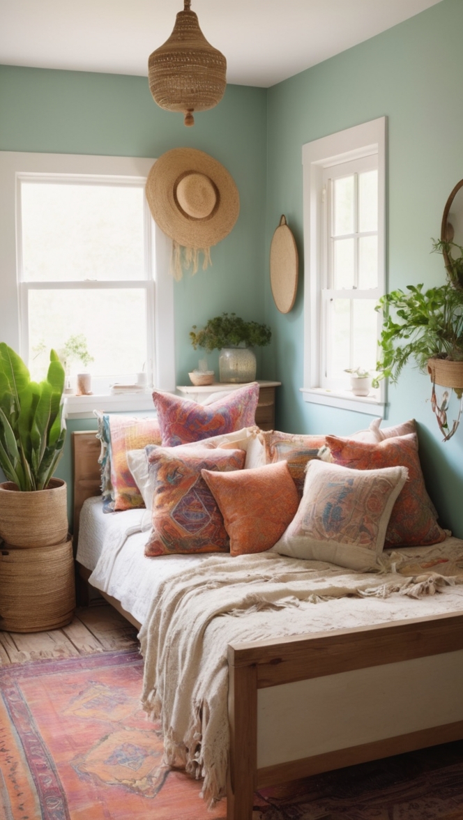 boho chic decor, boho style bedding, country cottage bedroom, rustic bohemian bedroom, shabby chic furniture