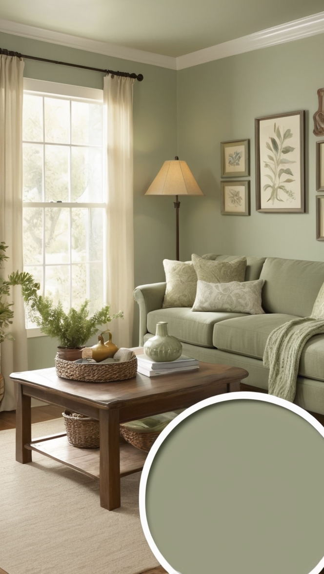 sage green sofa, cozy living room decor, green accent wall, comfortable lounge chair, indoor plant decor