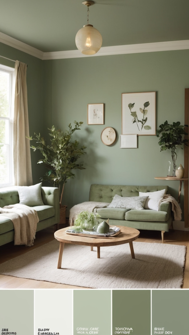 sage green sofa, cozy living room decor, green accent wall, comfortable lounge chair, indoor plant decor